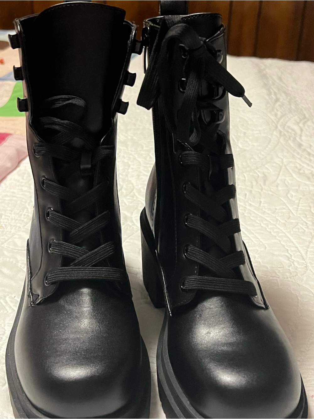Nine West Black Lace-Up Platform Combat Boots